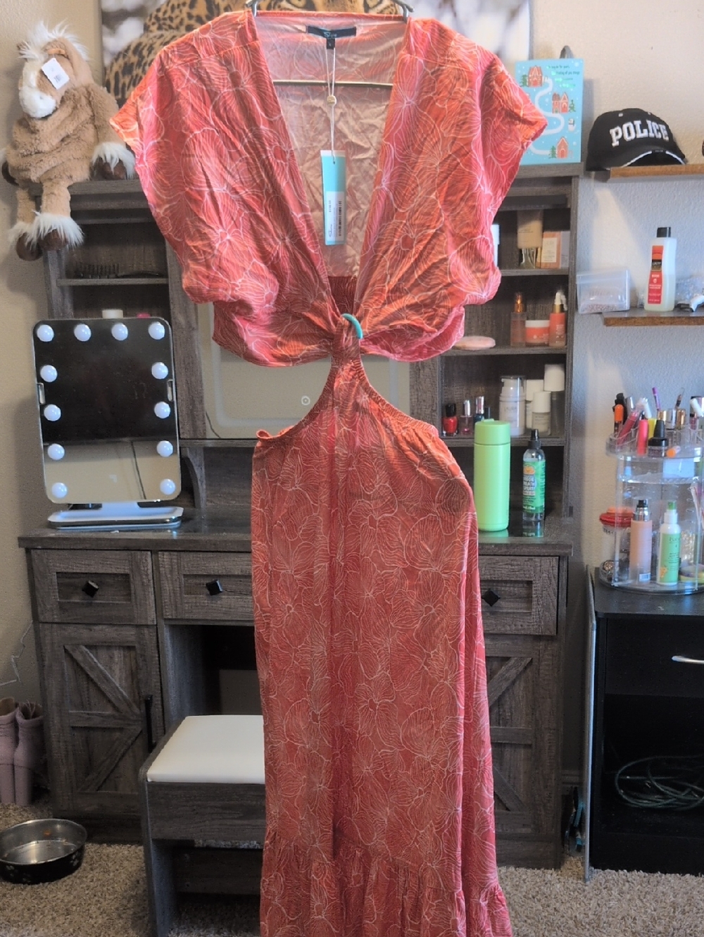 Shore NWT SZ Small Coral Pink Hibiscus Floral midi Dress open‎ back Msrp 198.00